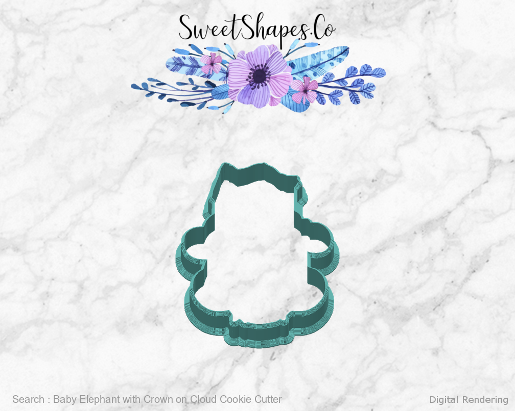 Baby Elephant with Crown on Cloud Cookie Cutter — back view