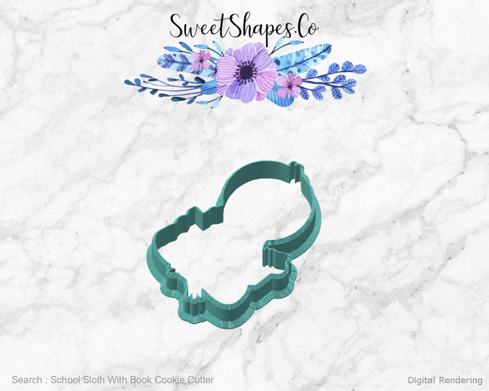 School Sloth With Book Cookie Cutter — angled front view