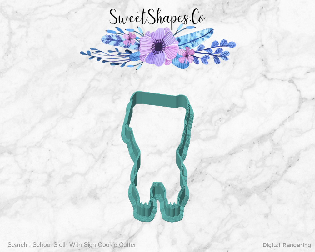 School Sloth With Sign Cookie Cutter — front view