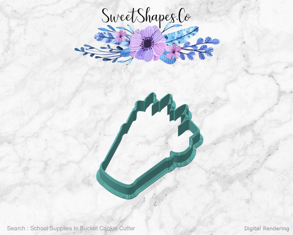 School Supplies In Bucket Cookie Cutter — angled front view