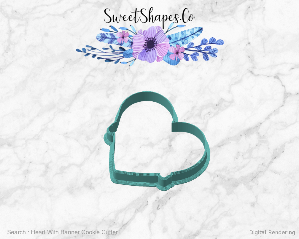 Heart With Banner Cookie Cutter — angled front view