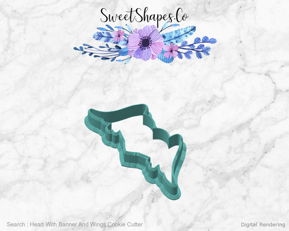 Heart With Banner And Wings Cookie Cutter — angled front view