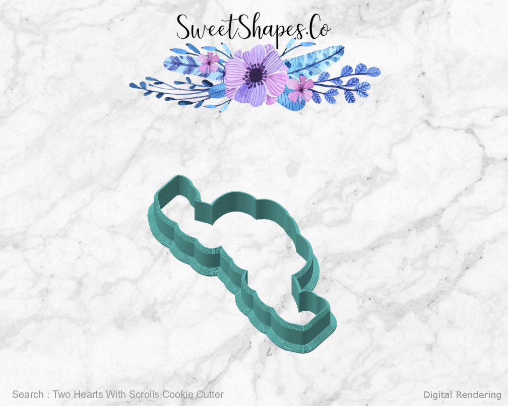 Two Hearts With Scrolls Cookie Cutter — angled front view