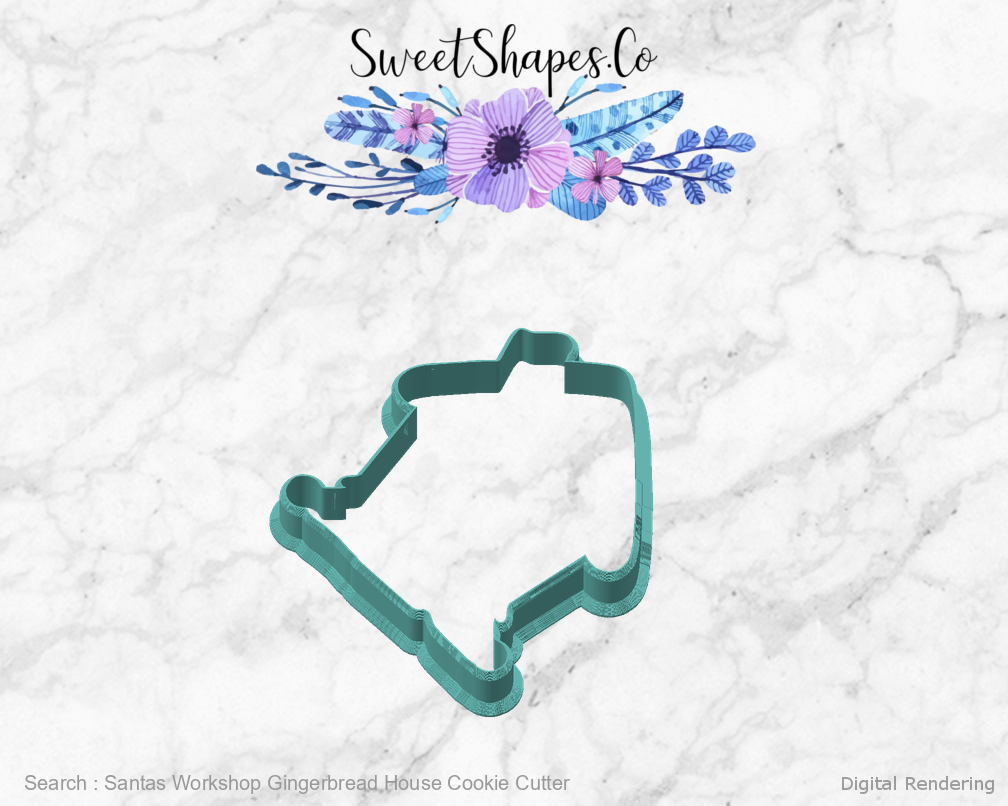 Santas Workshop Gingerbread House Cookie Cutter — angled front view