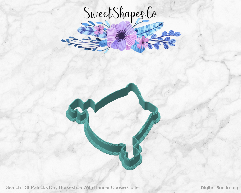 St Patricks Day Horseshoe With Banner Cookie Cutter — angled front view