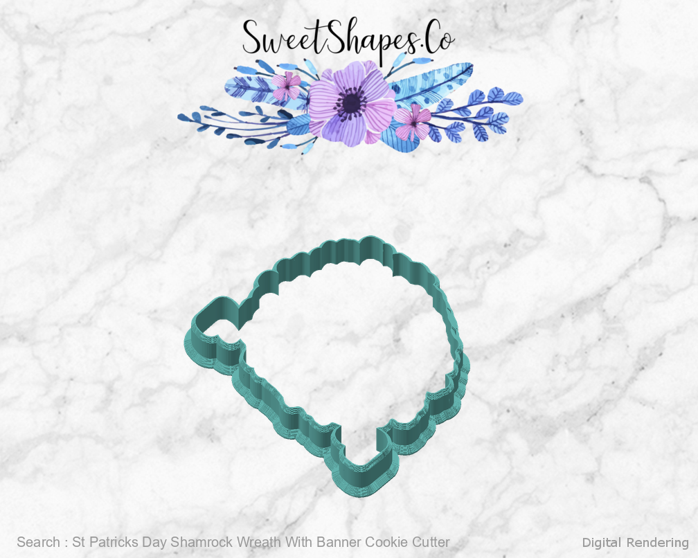 St Patricks Day Shamrock Wreath With Banner Cookie Cutter — angled front view