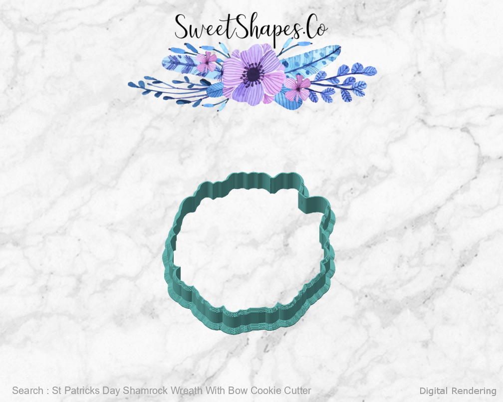 St Patricks Day Shamrock Wreath With Bow Cookie Cutter — angled front view
