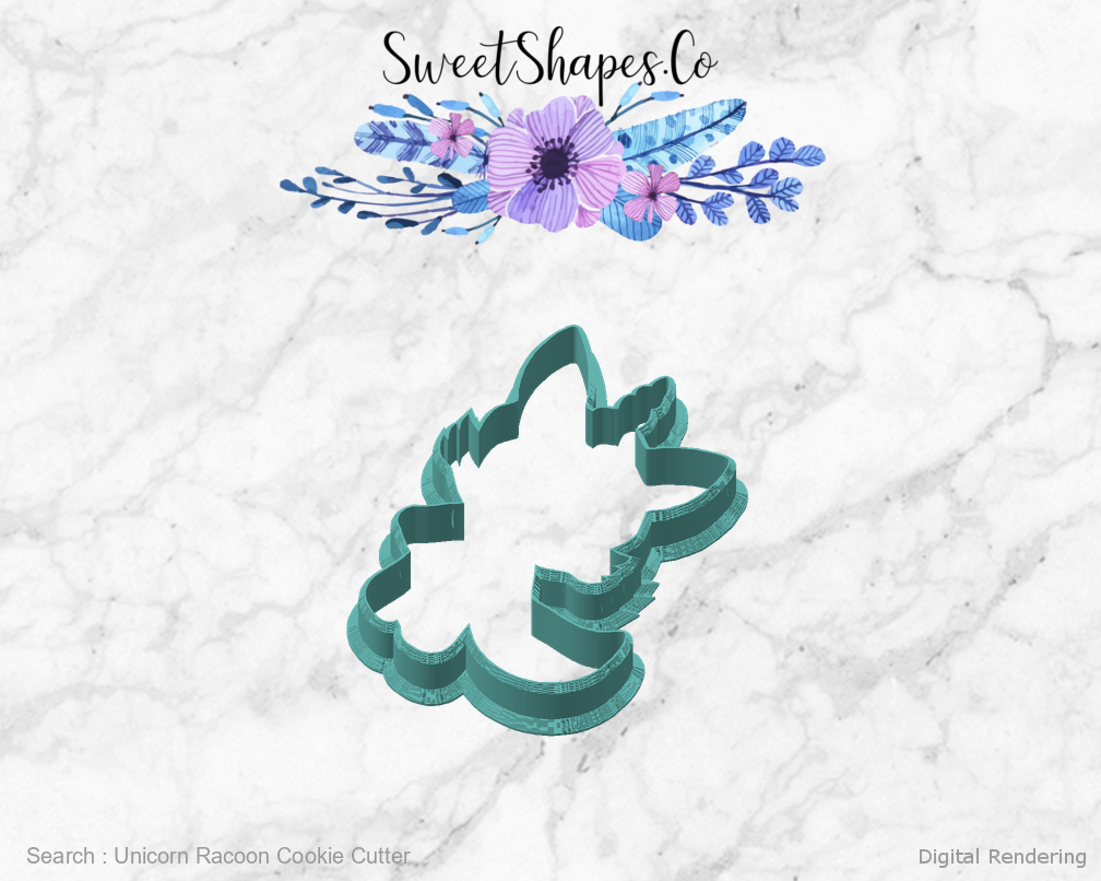 Unicorn Racoon Cookie Cutter — angled front view
