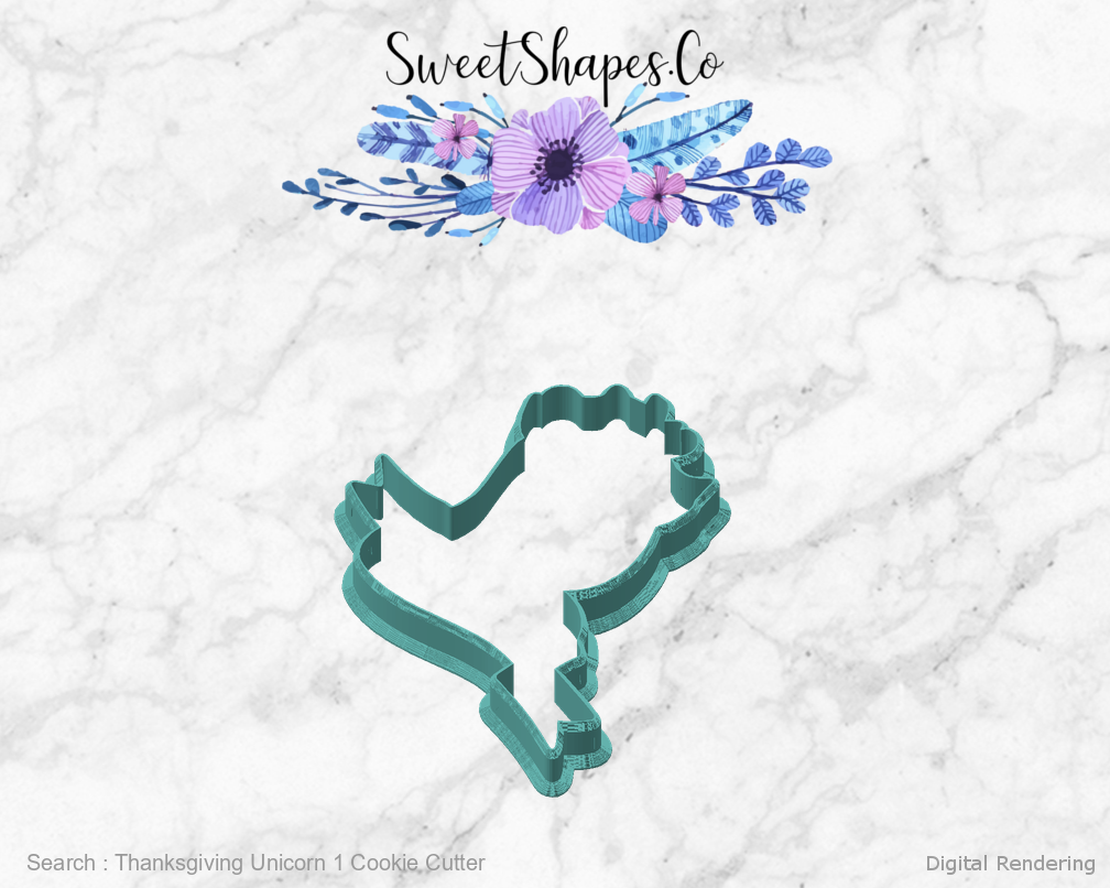 Thanksgiving Unicorn 1 Cookie Cutter — angled front view