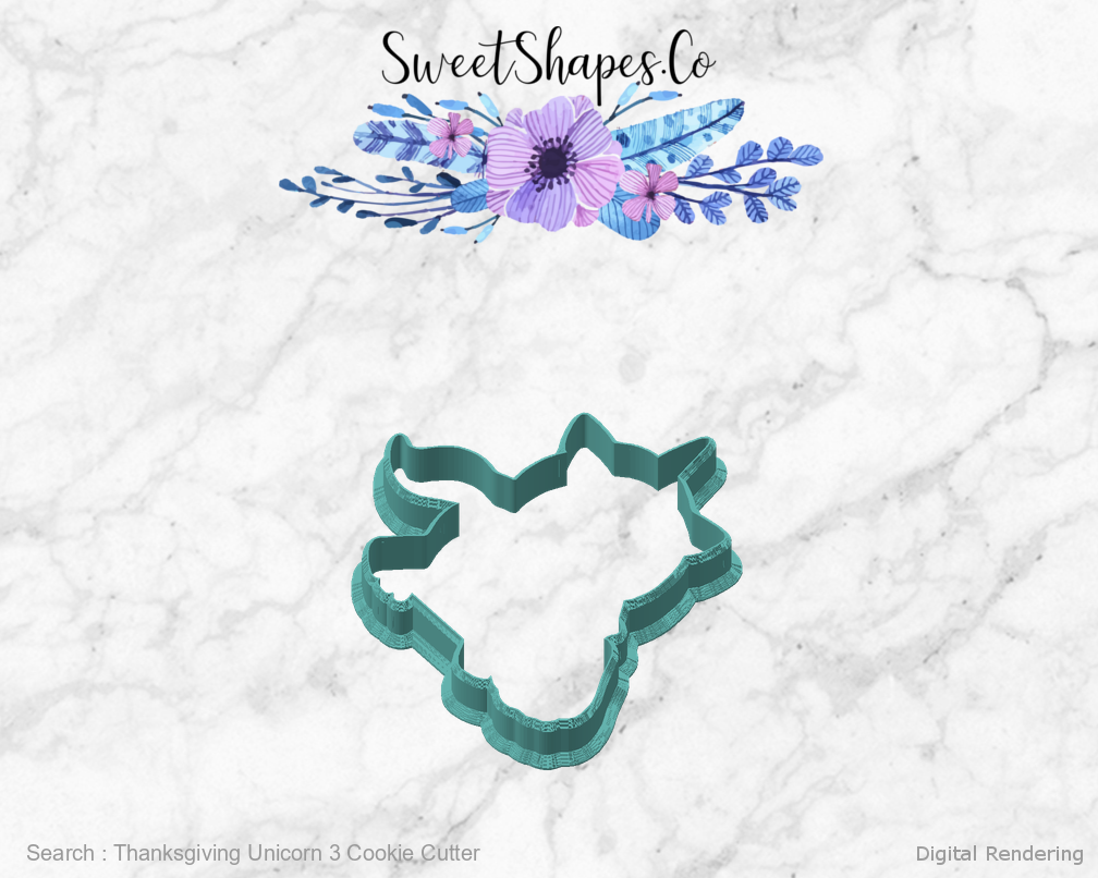 Thanksgiving Unicorn 3 Cookie Cutter — angled front view