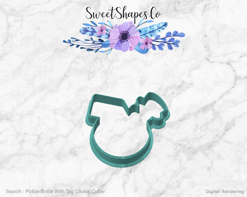 Potion Bottle With Tag Cookie Cutter — angled front view