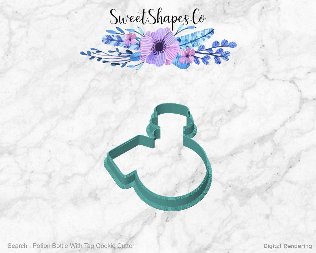 Potion Bottle With Tag Cookie Cutter — front view