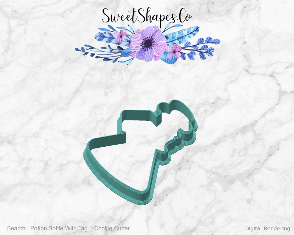 Potion Bottle With Tag 1 Cookie Cutter — angled front view