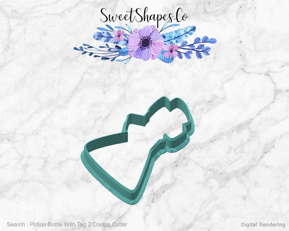 Potion Bottle With Tag 2 Cookie Cutter — angled front view