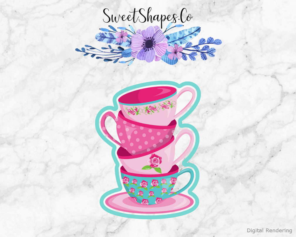 Stack of Teacups Cookie Cutter — artwork with a close-fitting teal outline