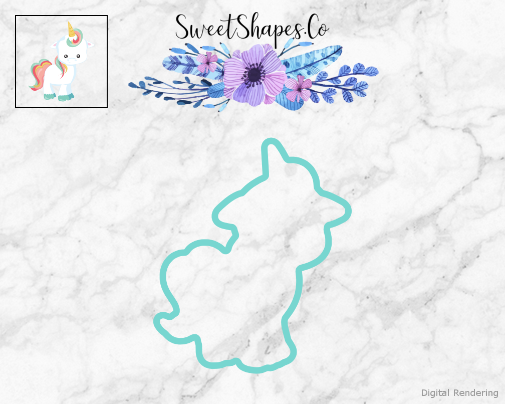 Standing Unicorn Cookie Cutter — teal outline with a small artwork preview