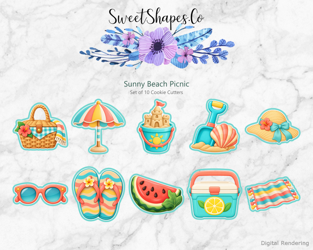Sunny Beach Picnic Cookie Cutters - Set of 10 - full colour overview with cutting outlines