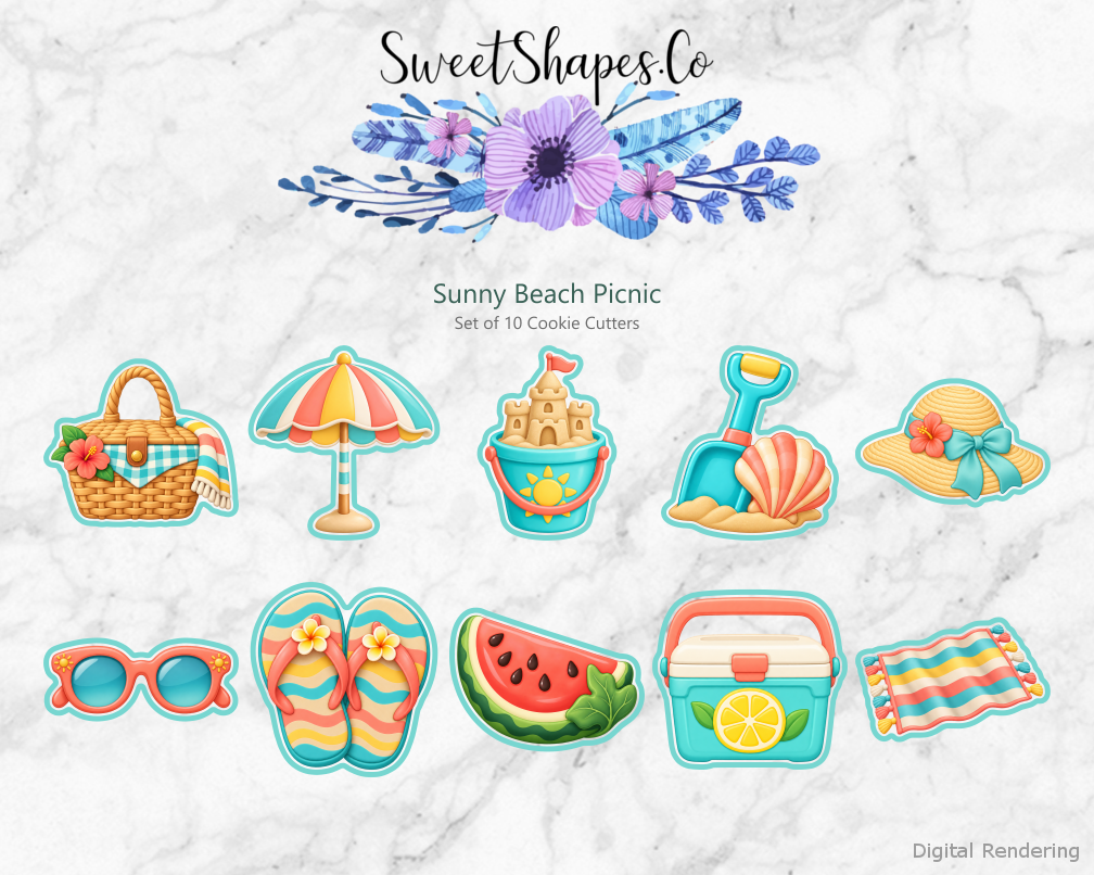Sunny Beach Picnic Cookie Cutters - Set of 10 - full colour overview with cutting outlines