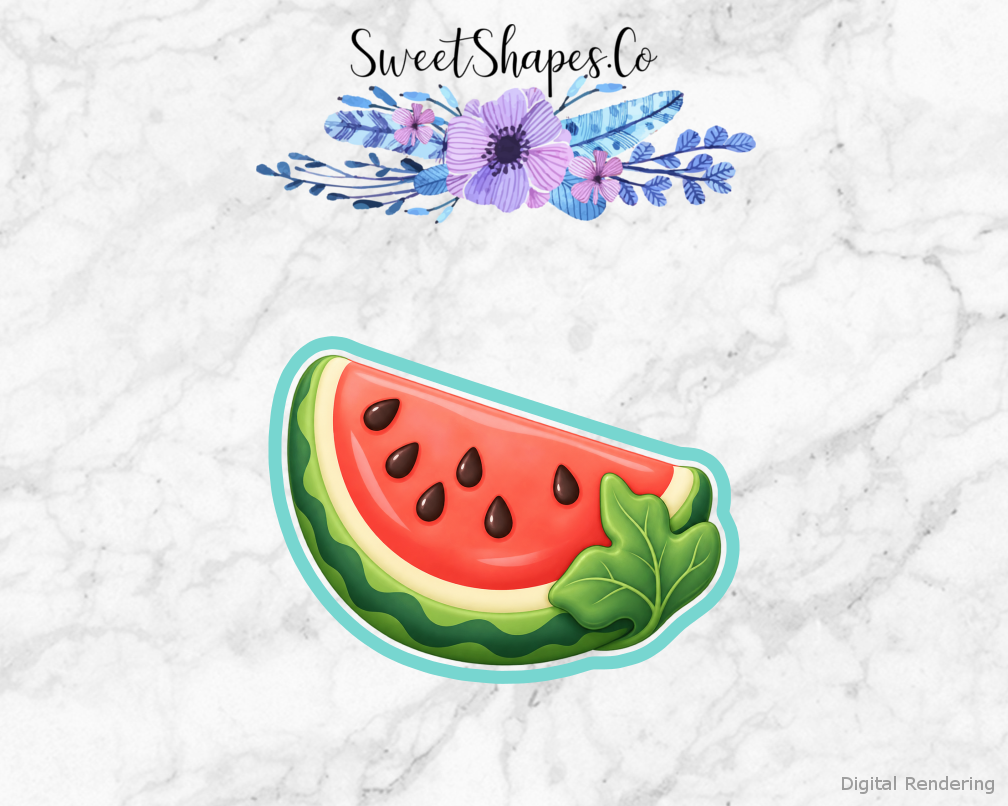 Beach Picnic Watermelon Slice with Leaf cookie cutter artwork with teal cutting outline - part of the Sunny Beach Picnic set