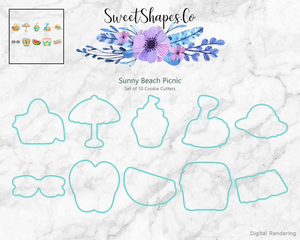 Sunny Beach Picnic Cookie Cutters - Set of 10 - cutting outline overview