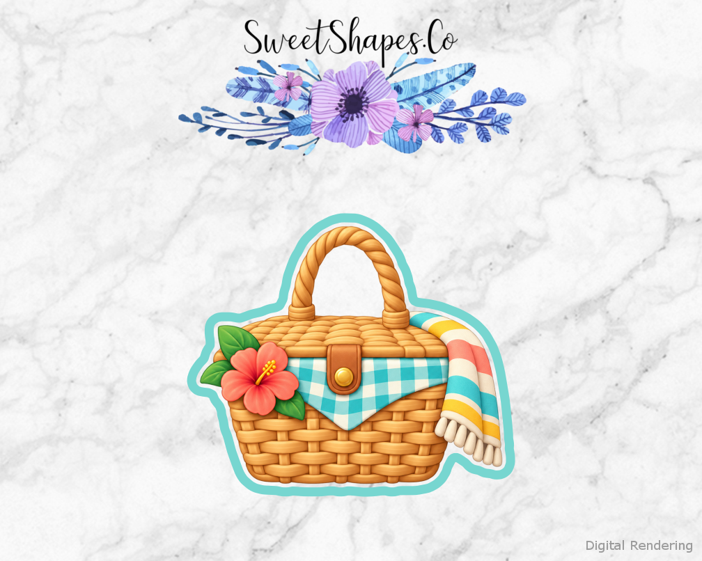 Beach Picnic Beach Picnic Basket cookie cutter artwork with teal cutting outline - part of the Sunny Beach Picnic set