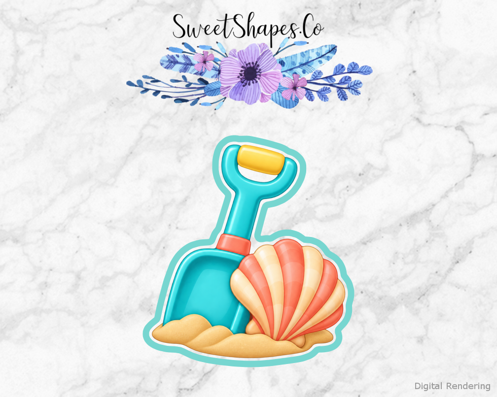 Beach Picnic Beach Shovel and Shell cookie cutter artwork with teal cutting outline - part of the Sunny Beach Picnic set