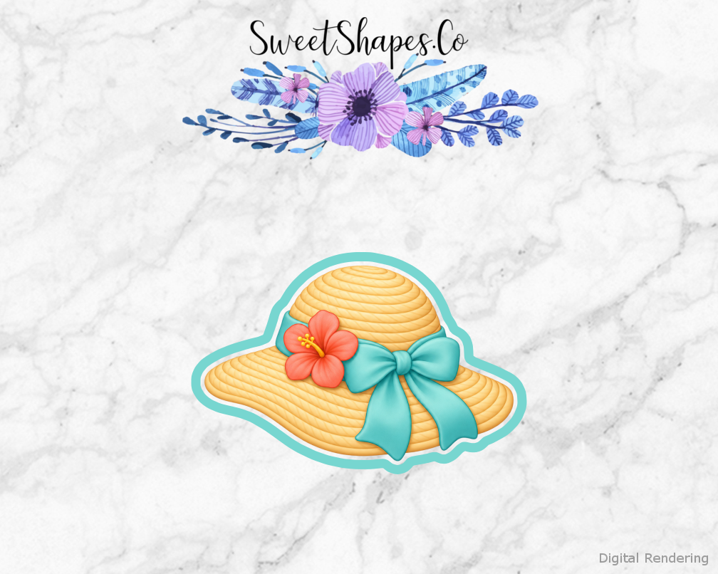 Beach Picnic Sun Hat with Ribbon cookie cutter artwork with teal cutting outline - part of the Sunny Beach Picnic set