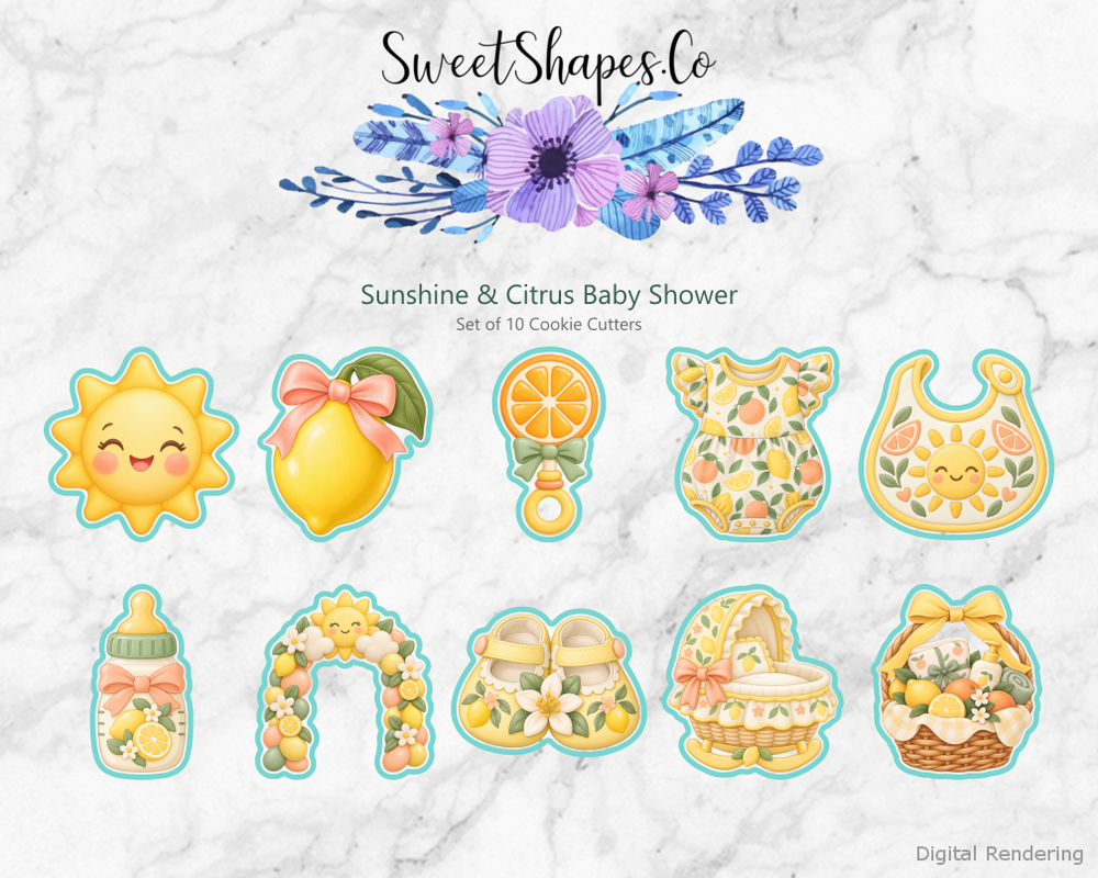 Sunshine & Citrus Baby Shower Cookie Cutters - Set of 10 - full colour overview with cutting outlines