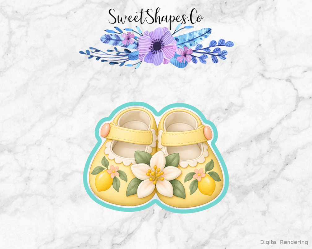 Citrus Shower Lemon Blossom Baby Shoes cookie cutter artwork with teal cutting outline - part of the Sunshine & Citrus Baby Shower set