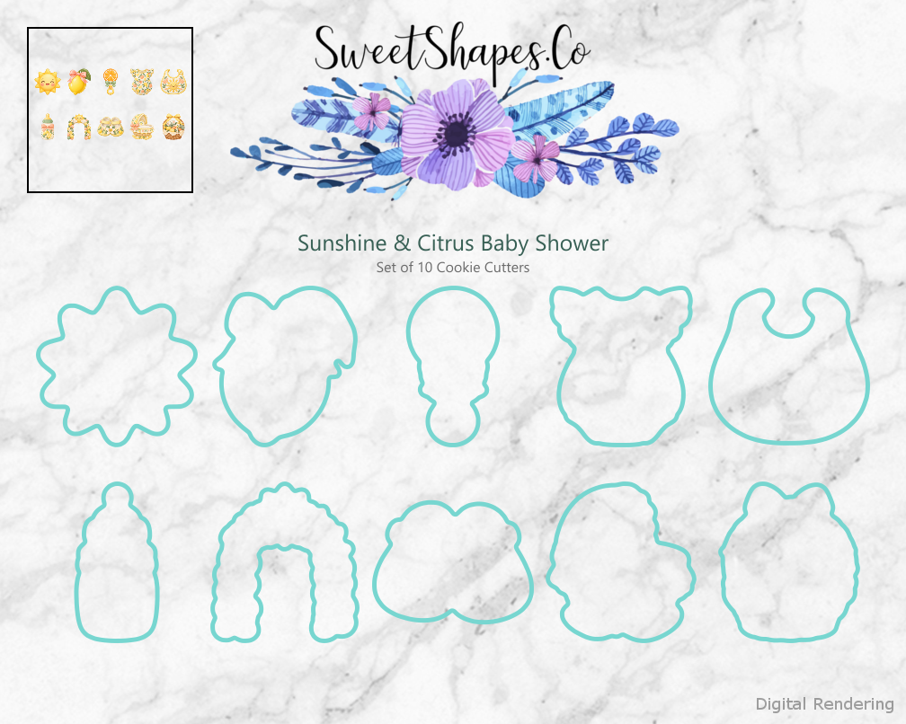 Sunshine & Citrus Baby Shower Cookie Cutters - Set of 10 - cutting outline overview