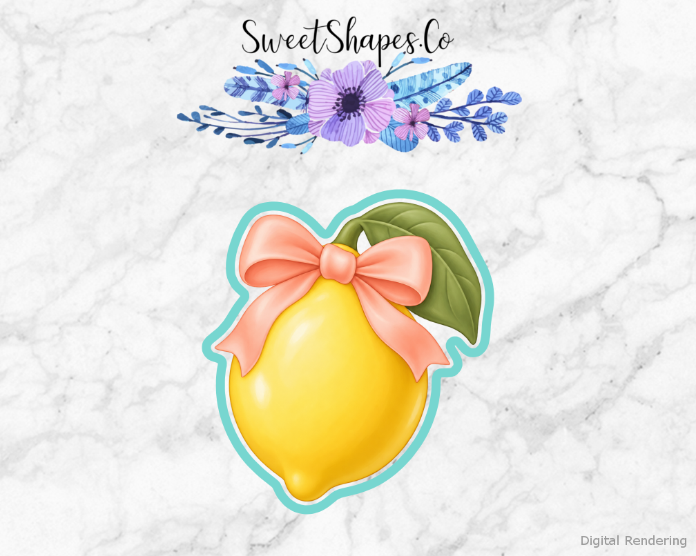 Citrus Shower Lemon with Bow and Leaf cookie cutter artwork with teal cutting outline - part of the Sunshine & Citrus Baby Shower set