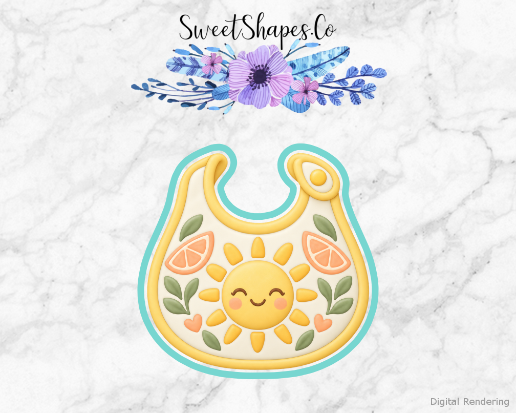 Citrus Shower Sun Patch Baby Bib cookie cutter artwork with teal cutting outline - part of the Sunshine & Citrus Baby Shower set