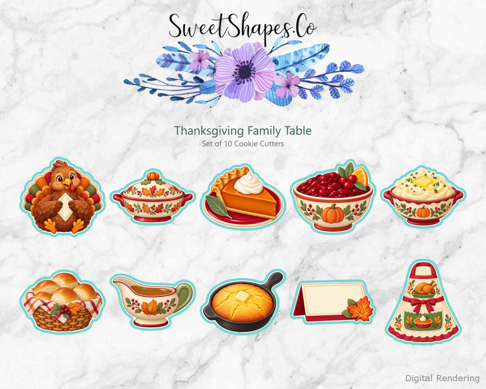 Thanksgiving Family Table Cookie Cutters - Set of 10 - full colour overview with cutting outlines