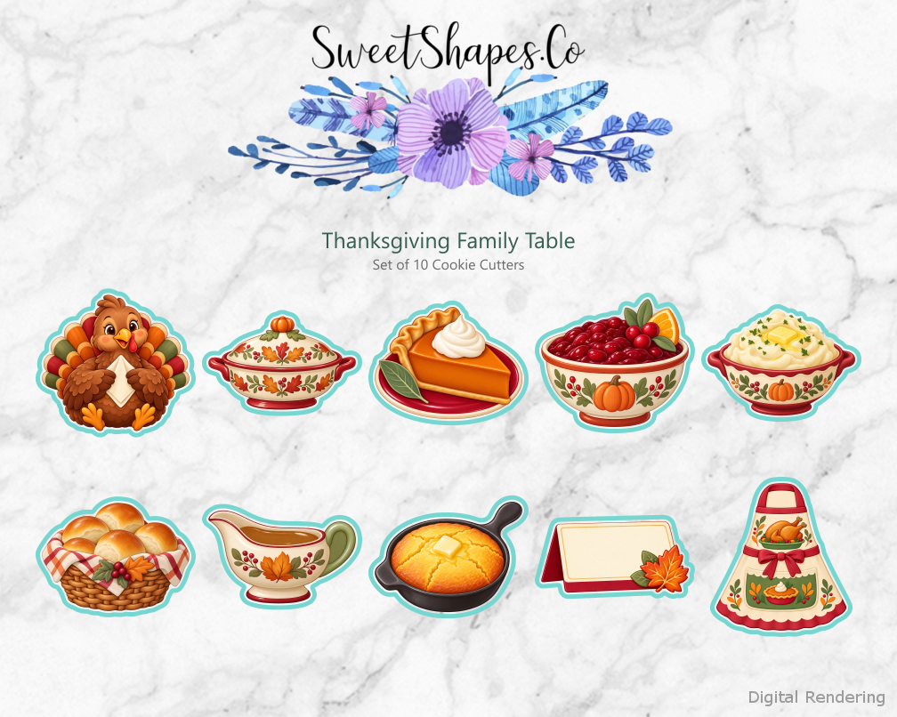 Thanksgiving Family Table Cookie Cutters - Set of 10 - full colour overview with cutting outlines