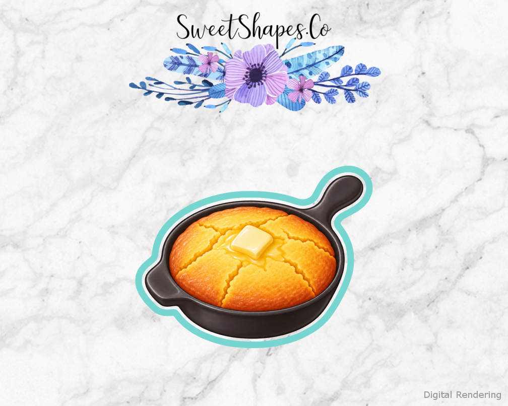 Family Table Cornbread Skillet cookie cutter artwork with teal cutting outline - part of the Thanksgiving Family Table set