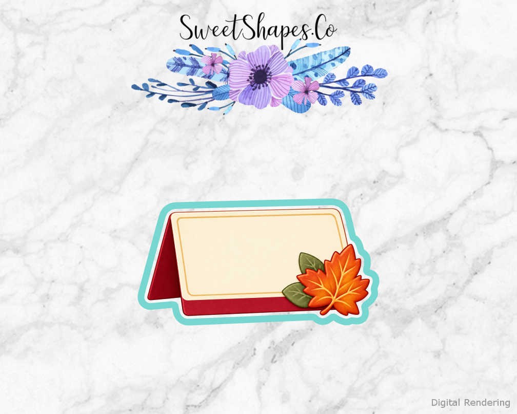 Family Table Thankful Place Card with Leaf cookie cutter artwork with teal cutting outline - part of the Thanksgiving Family Table set