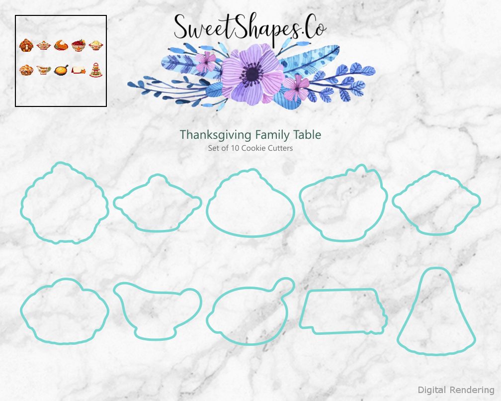 Thanksgiving Family Table Cookie Cutters - Set of 10 - cutting outline overview