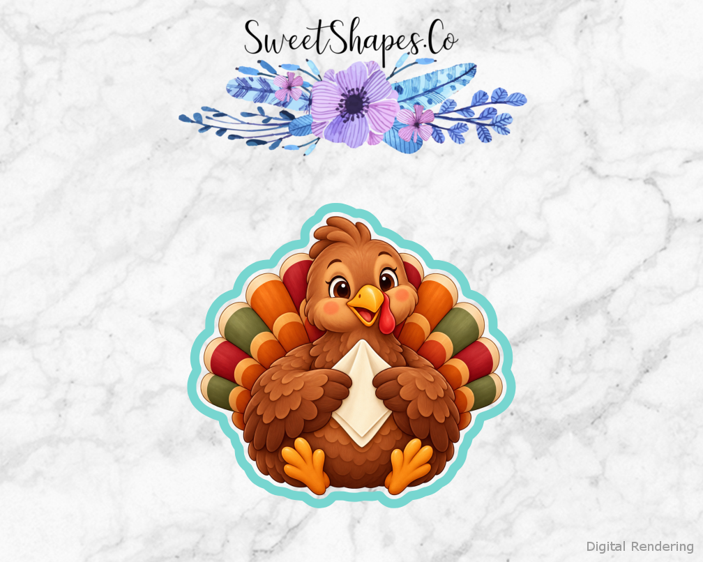 Family Table Turkey with Dinner Napkin cookie cutter artwork with teal cutting outline - part of the Thanksgiving Family Table set