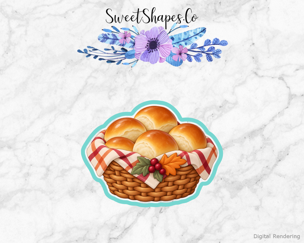 Family Table Dinner Roll Basket cookie cutter artwork with teal cutting outline - part of the Thanksgiving Family Table set
