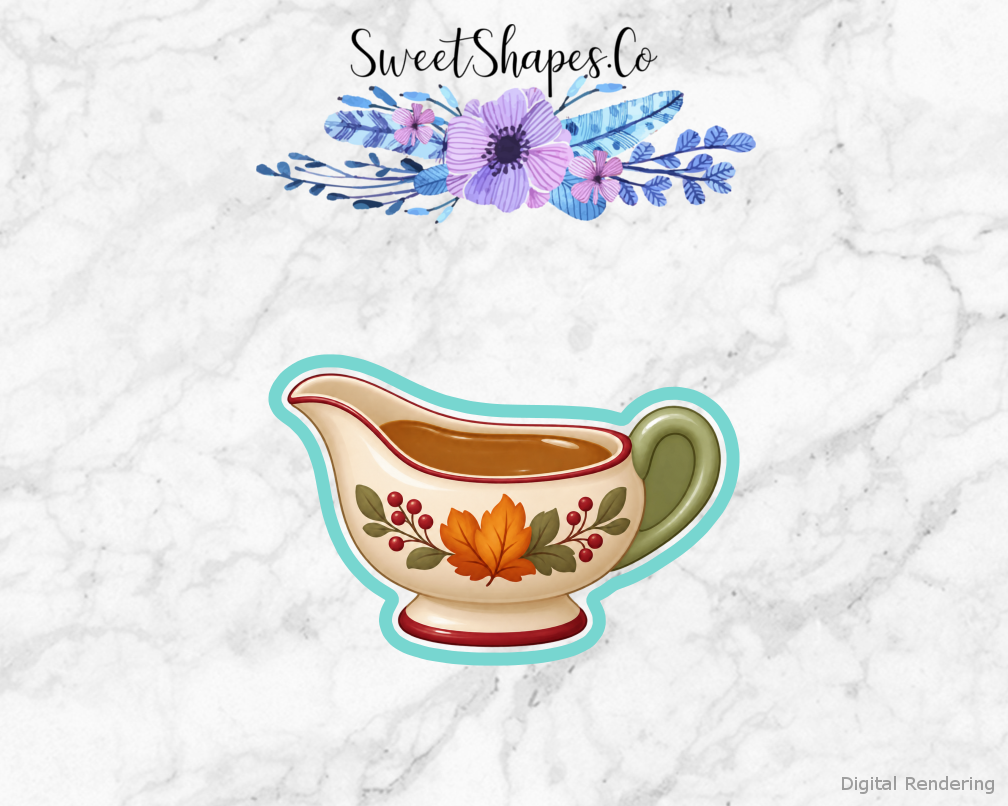 Family Table Gravy Boat cookie cutter artwork with teal cutting outline - part of the Thanksgiving Family Table set