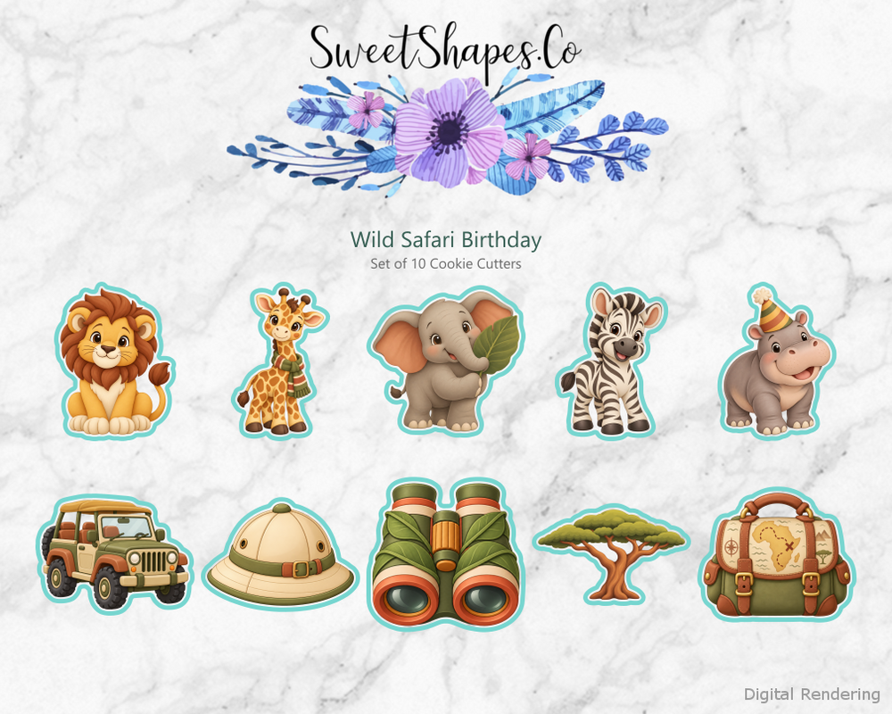 Wild Safari Birthday Cookie Cutters - Set of 10 - full colour overview with cutting outlines
