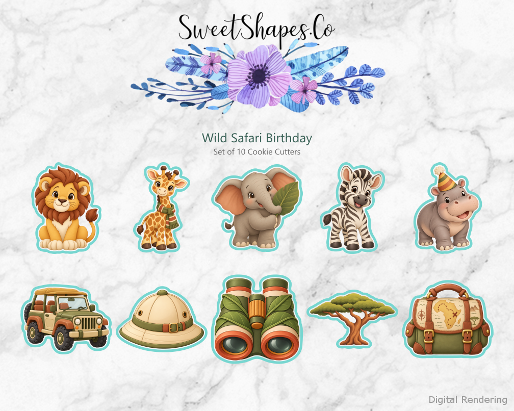 Wild Safari Birthday Cookie Cutters - Set of 10 - full colour overview with cutting outlines