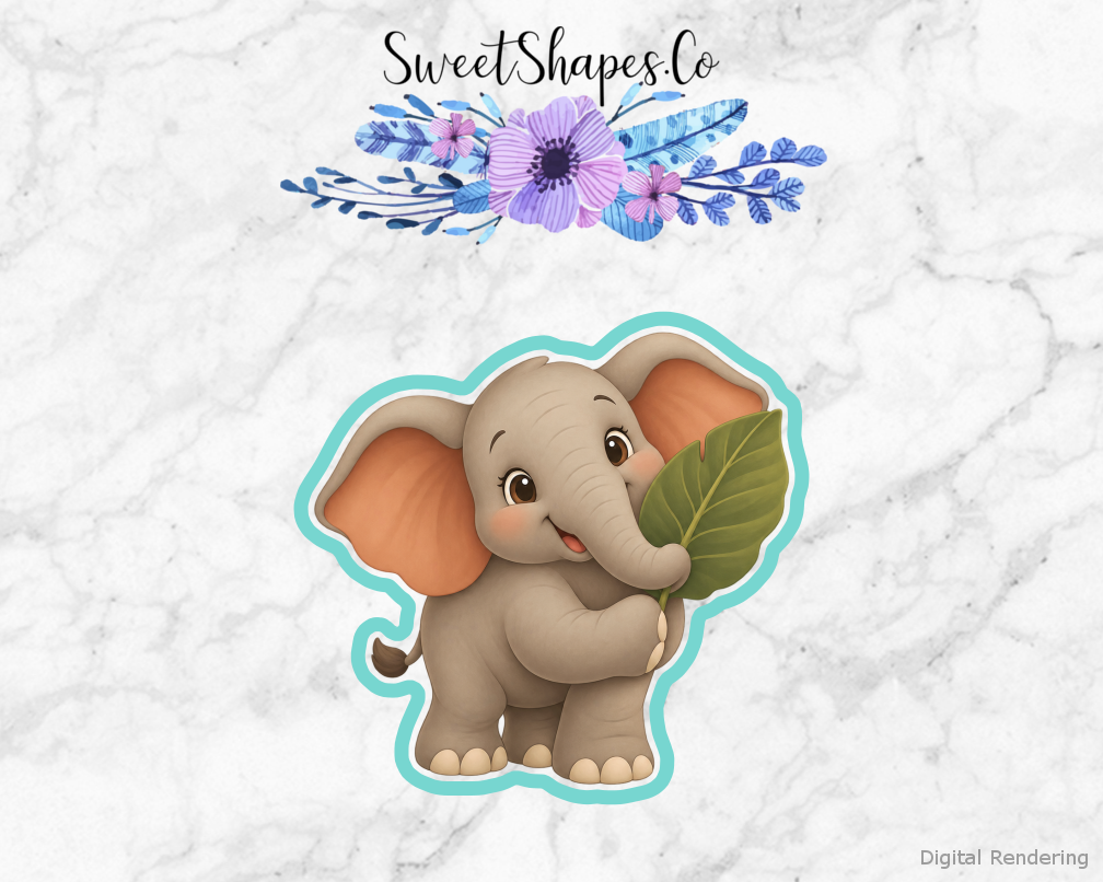 Safari Party Elephant Holding Leaf cookie cutter artwork with teal cutting outline - part of the Wild Safari Birthday set