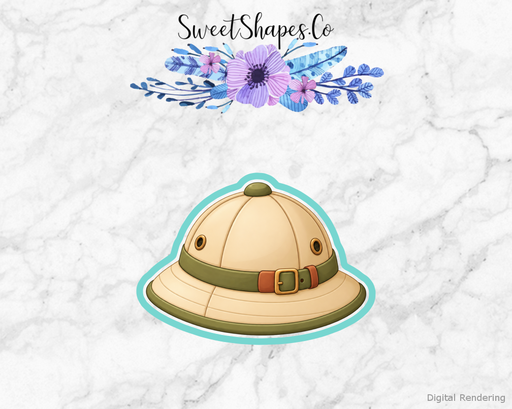 Safari Party Explorer Pith Helmet cookie cutter artwork with teal cutting outline - part of the Wild Safari Birthday set
