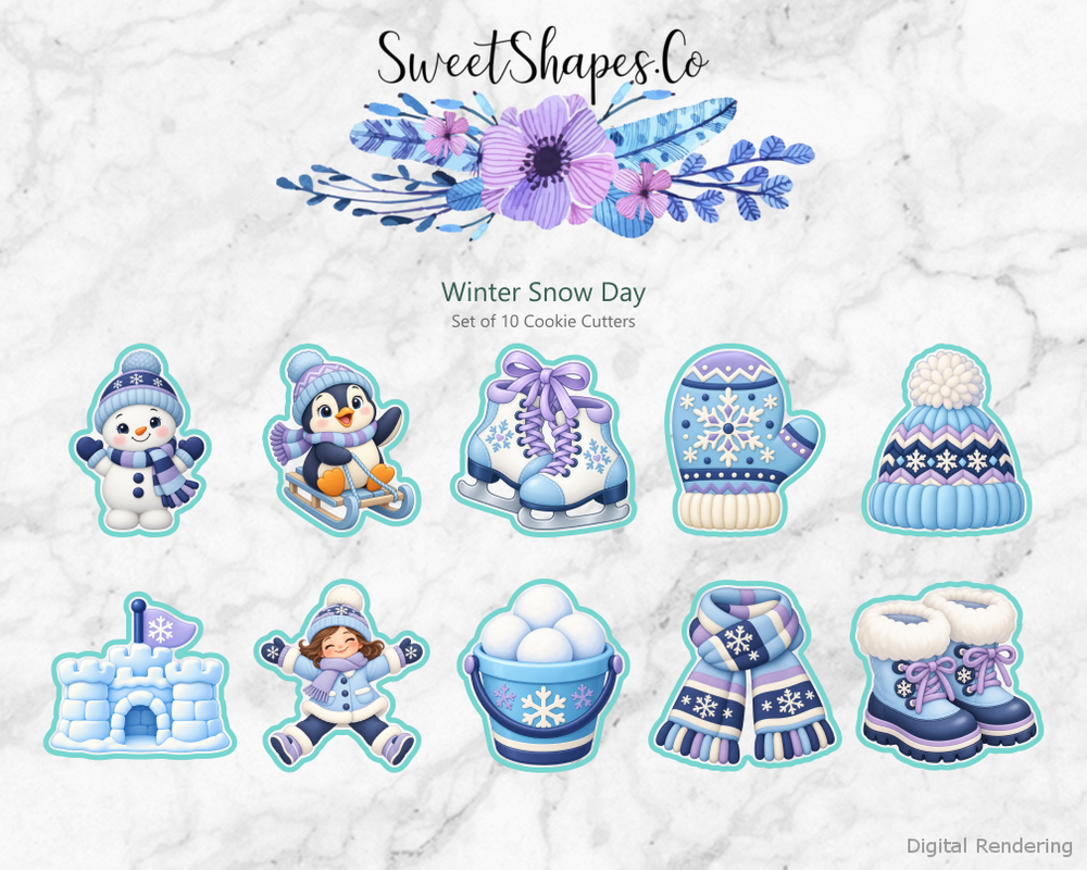 Winter Snow Day Cookie Cutters - Set of 10 - full colour overview with cutting outlines