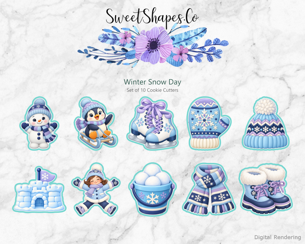 Winter Snow Day Cookie Cutters - Set of 10 - full colour overview with cutting outlines