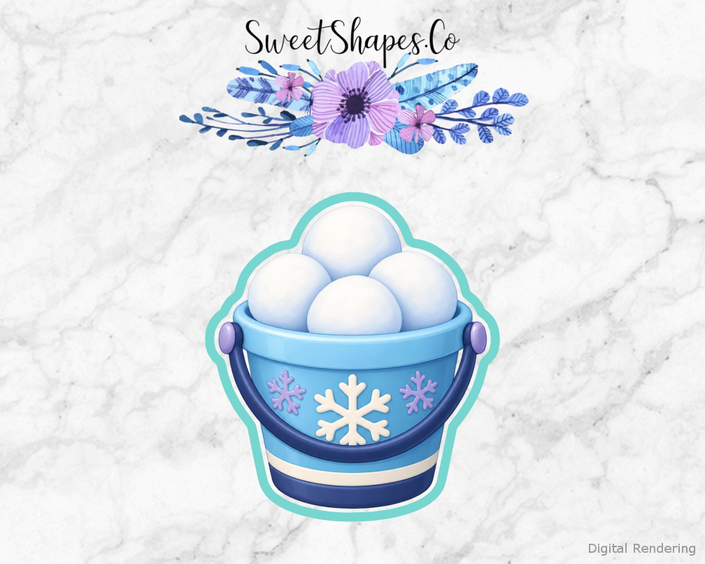 Snow Day Snowball Bucket cookie cutter artwork with teal cutting outline - part of the Winter Snow Day set