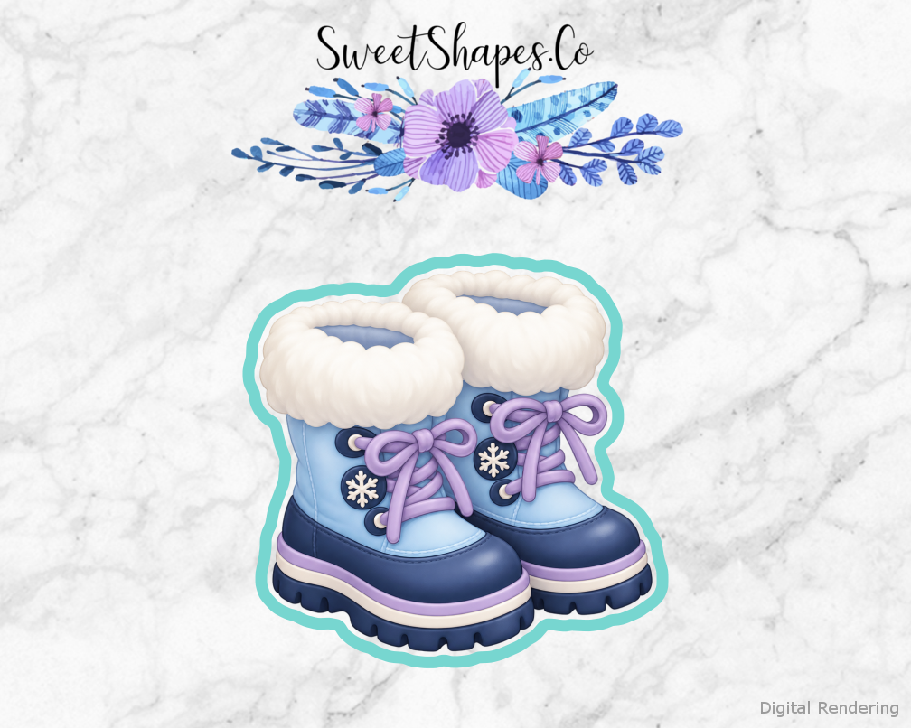 Snow Day Winter Boots with Snow Cuffs cookie cutter artwork with teal cutting outline - part of the Winter Snow Day set