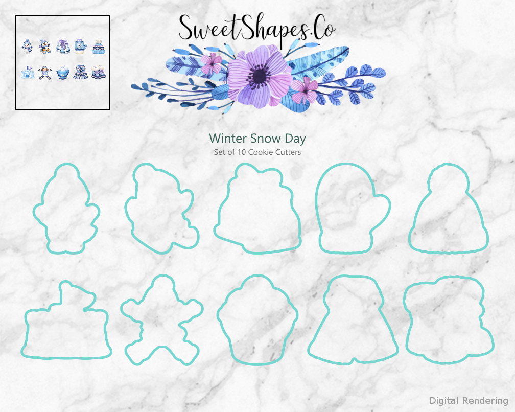 Winter Snow Day Cookie Cutters - Set of 10 - cutting outline overview