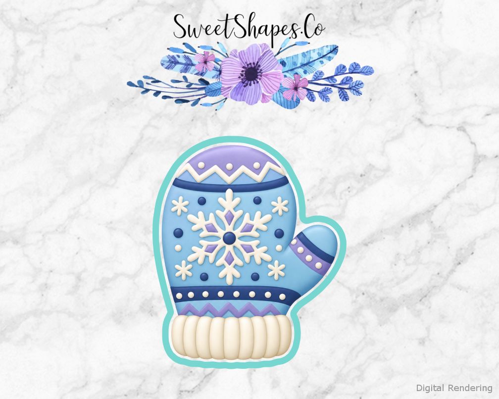 Snow Day Snowflake Pattern Mitten cookie cutter artwork with teal cutting outline - part of the Winter Snow Day set